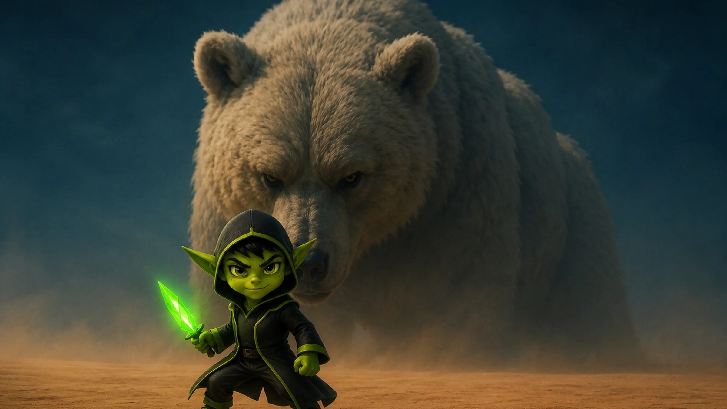Facing down a bear with a green sword