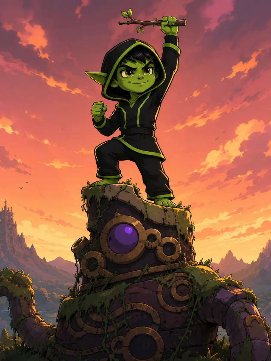 Standing on a mecha-golem