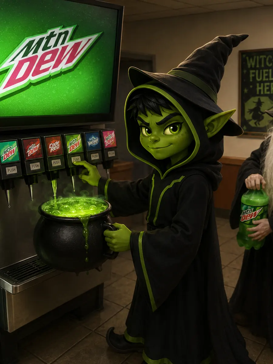 Mountain Dew fountain with a wizard